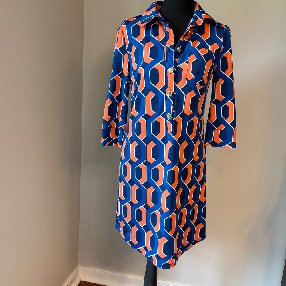 Tracy Negoshian Tunic Dress Womens XS Orange Blue Geometric 3/4 Sleeve Relaxed